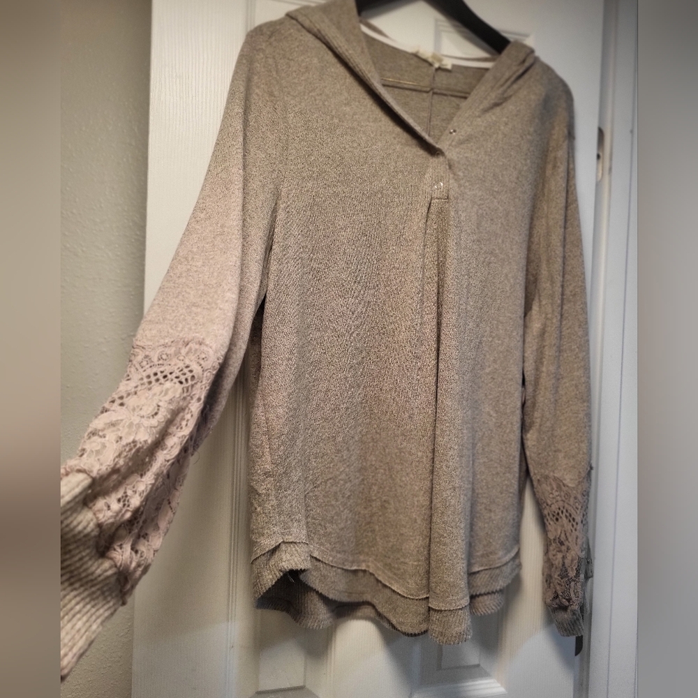 Indigo Rose Grey Henley Boho Beach Hooded Lace Tunic Top Sz 2X